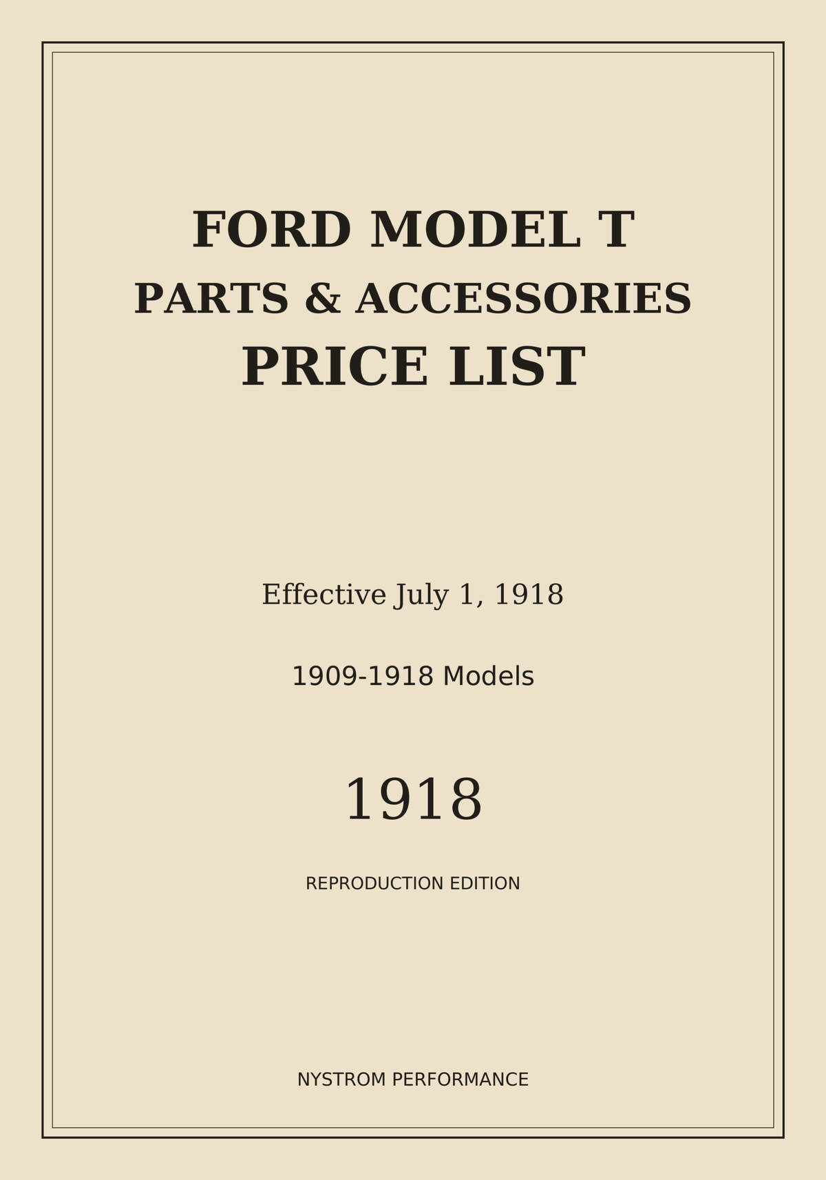 Cream serif front cover of the July 1, 1918 Ford Model T Parts and Accessories Price List reproduction