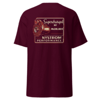 Back view of maroon Supercharged by McCulloch Nystrom Performance unisex t‑shirt featuring vintage supercharger graphic and gold red design on soft cotton fabric.