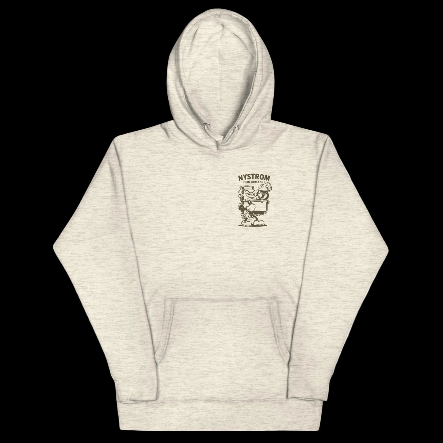 Grey oatmeal heather Nystrom Performance hoodie featuring small animated carburetor logo on chest, inspired by Stromberg 97 and Holley 94 carburetors for vintage hot rod fans