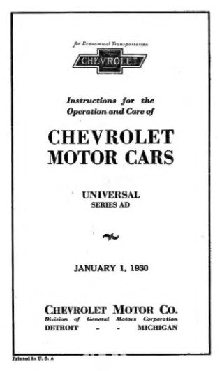 1930 Chevrolet Universal Series AD Owner's Manual
