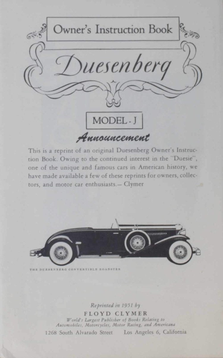 1929 Duesenberg Model J Owner's Manual (1951 Reprint)
