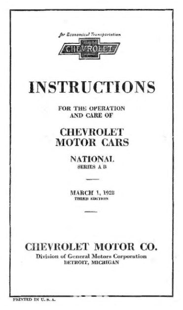 1928 Chevrolet National Series AB Owner's Manual