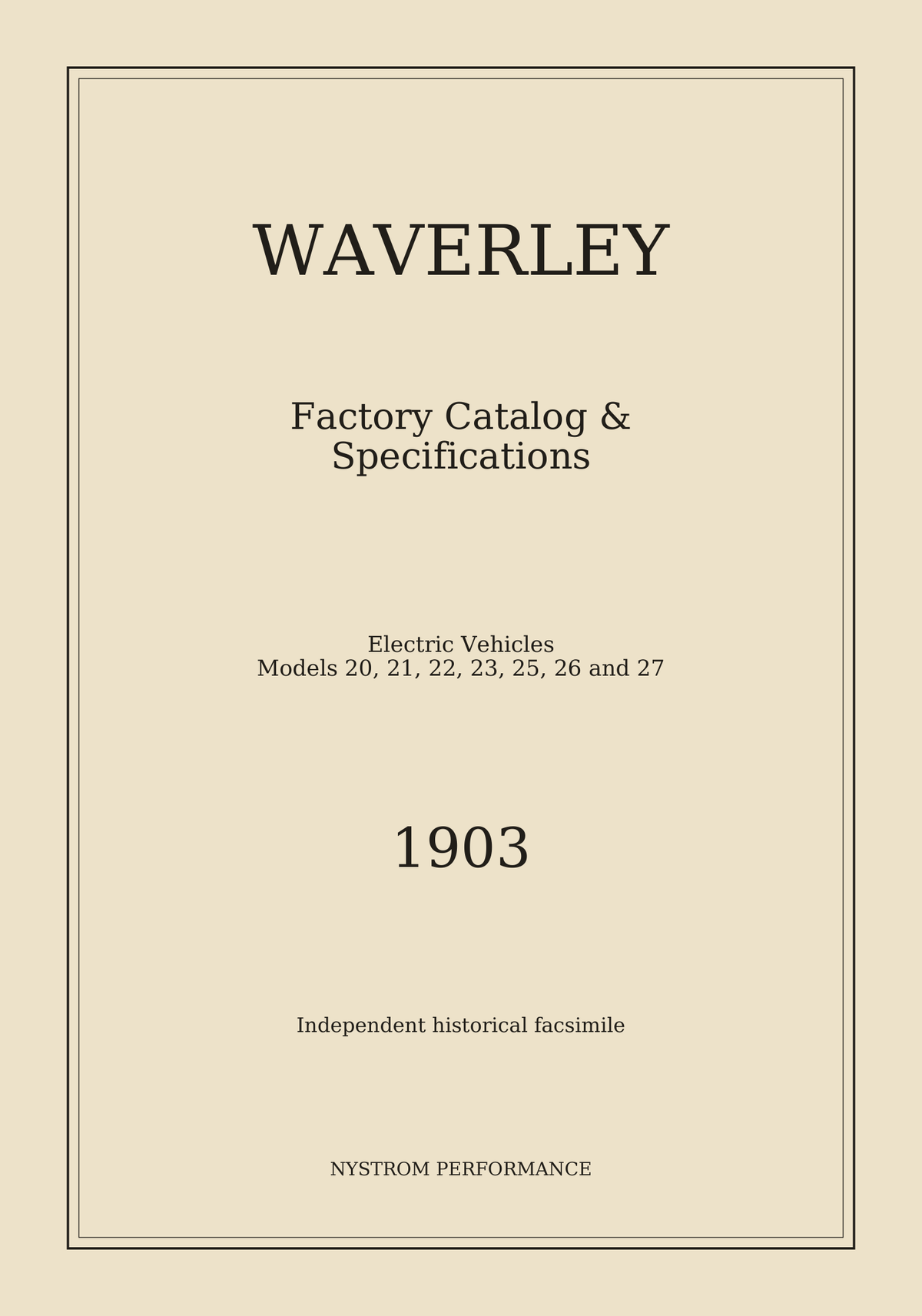 1903 Waverley Electric Vehicles Factory Catalog and Specifications Reprint cream historical reprint cover