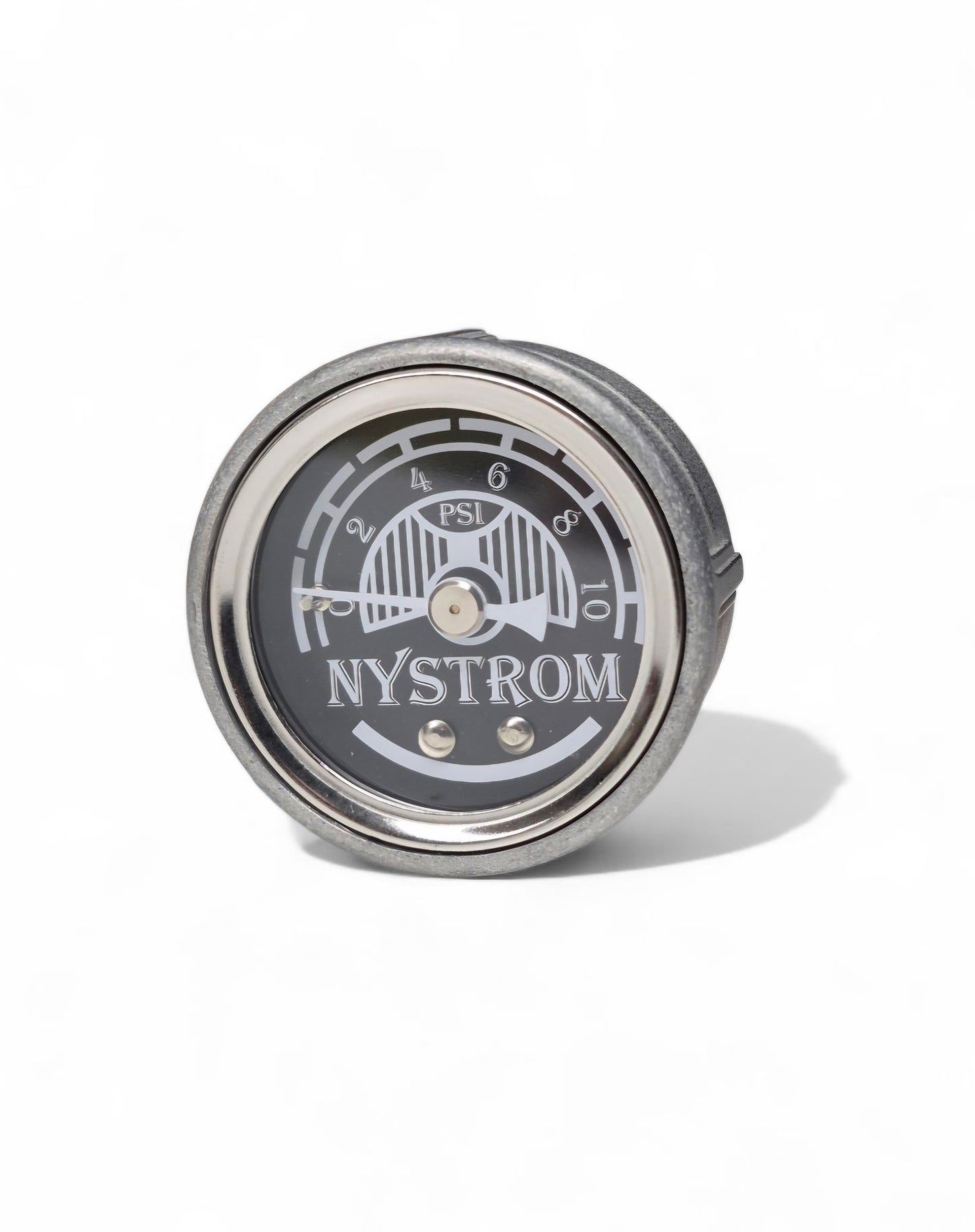 Nystrom Stromberg fuel pressure gauge with black dial face; PSI scale for low-pressure carburetor systems. 1¾-inch cast aluminum gauge with Nystrom logo.