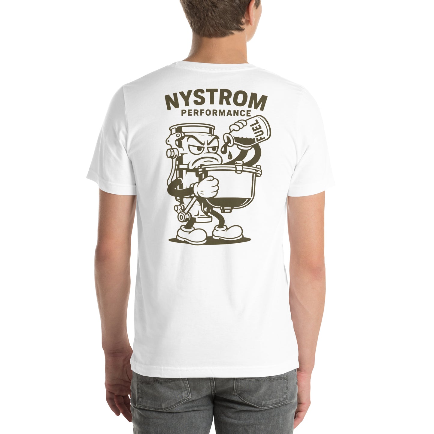 Back view of white August Nystrom Animated Carburetor T-Shirt worn by male model, showcasing large Nystrom Performance logo with animated carburetor character graphic, soft pre-shrunk combed cotton.