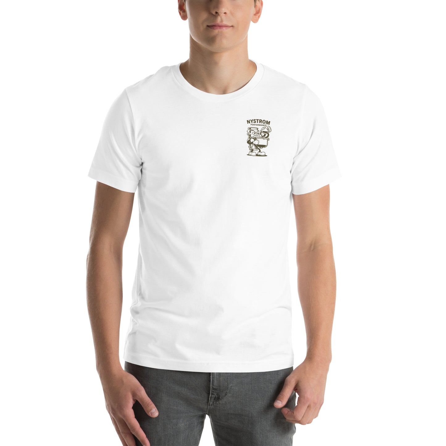 Front view of white August Nystrom Animated Carburetor T-Shirt worn by male model, featuring small Nystrom Performance logo and cartoon carburetor graphic on chest, soft pre-shrunk combed cotton tee.