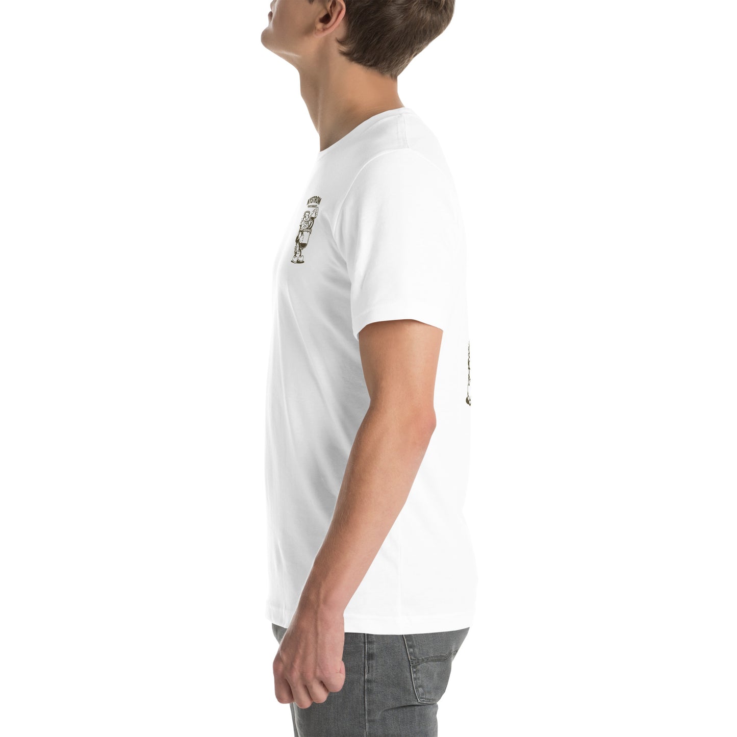 Side view of white August Nystrom Animated Carburetor T-Shirt worn by male model, showing fit and left profile with small chest logo, soft combed cotton tee.
