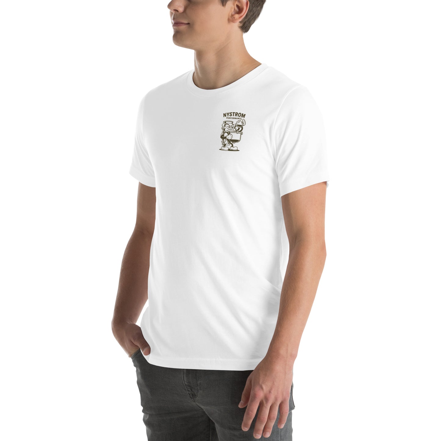 Three-quarter front-left view of white August Nystrom Animated Carburetor T-Shirt worn by male model, highlighting small Nystrom Performance logo and cartoon carburetor graphic on chest, soft pre-shrunk combed cotton tee