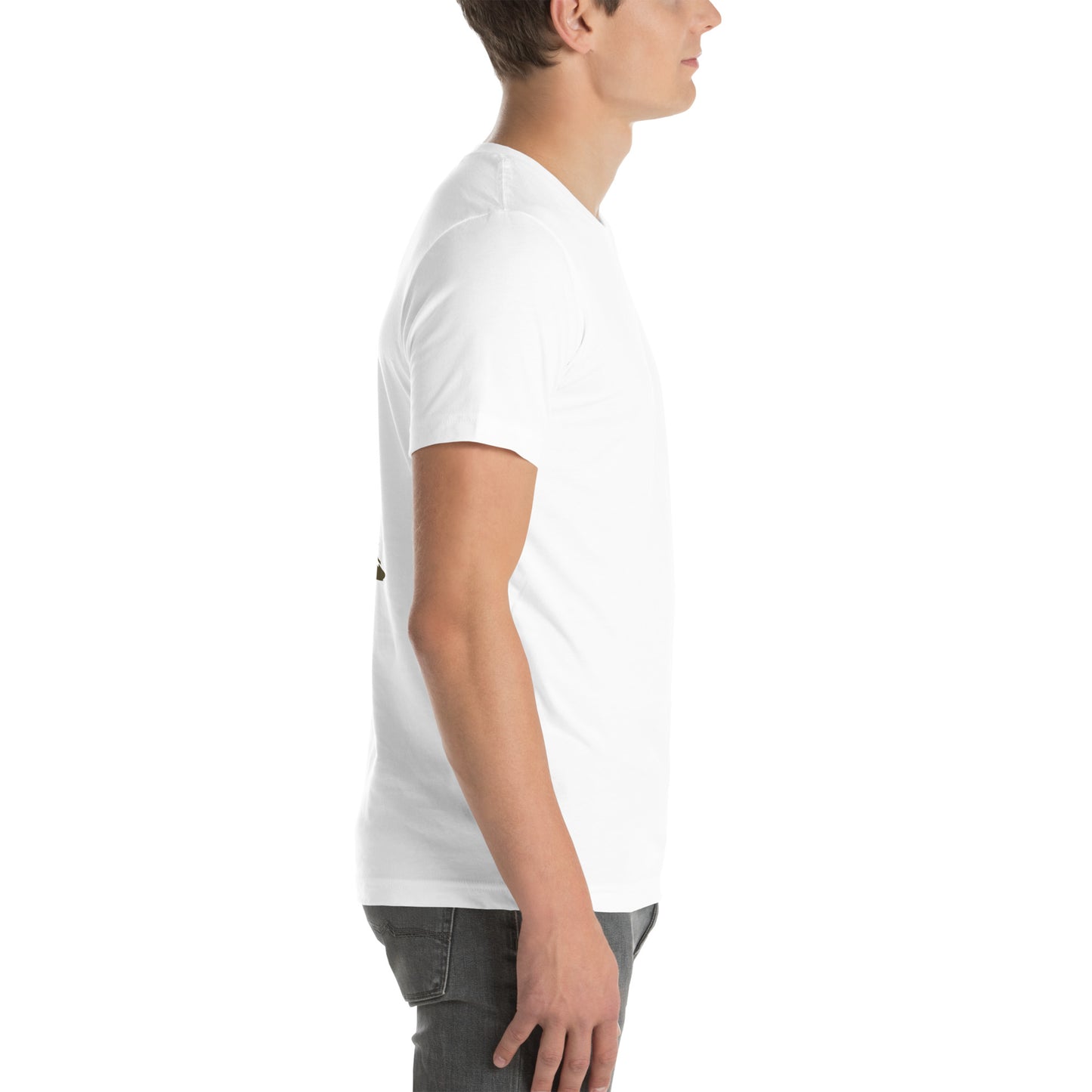 Side view of white August Nystrom Animated Carburetor T-Shirt from right side, male model wearing soft combed cotton tee featuring small Nystrom Performance logo with cartoon carburetor graphic on chest