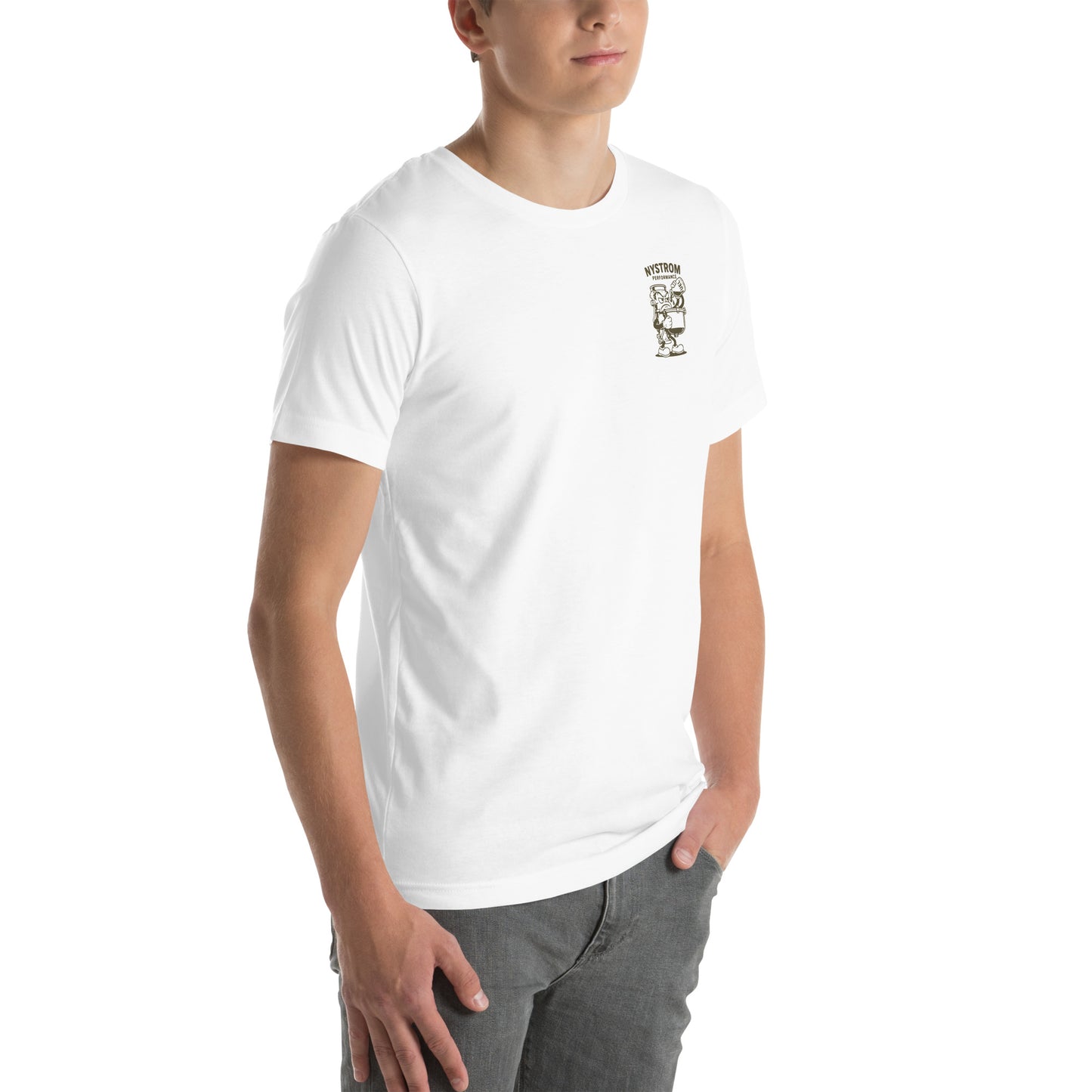 Three-quarter front-right view of white August Nystrom Animated Carburetor T-Shirt worn by male model, featuring small Nystrom Performance logo and animated carburetor graphic on chest, soft pre-shrunk combed cotton tee
