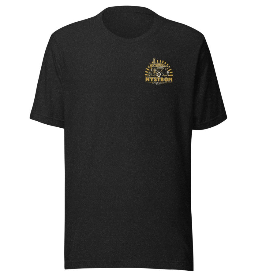 Front view of black Nystrom Performance T-shirt featuring gold vintage engine emblem and Nystrom Performance logo on chest, soft unisex cotton tee
