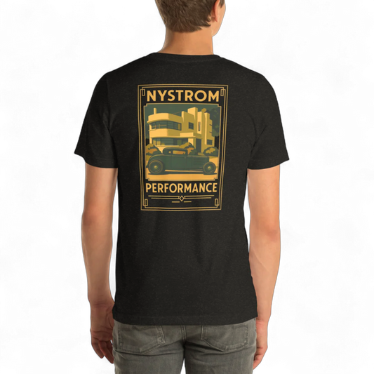 Nystrom Performance t-shirt featuring an early Ford hot rod parked in front of an Art Deco style building