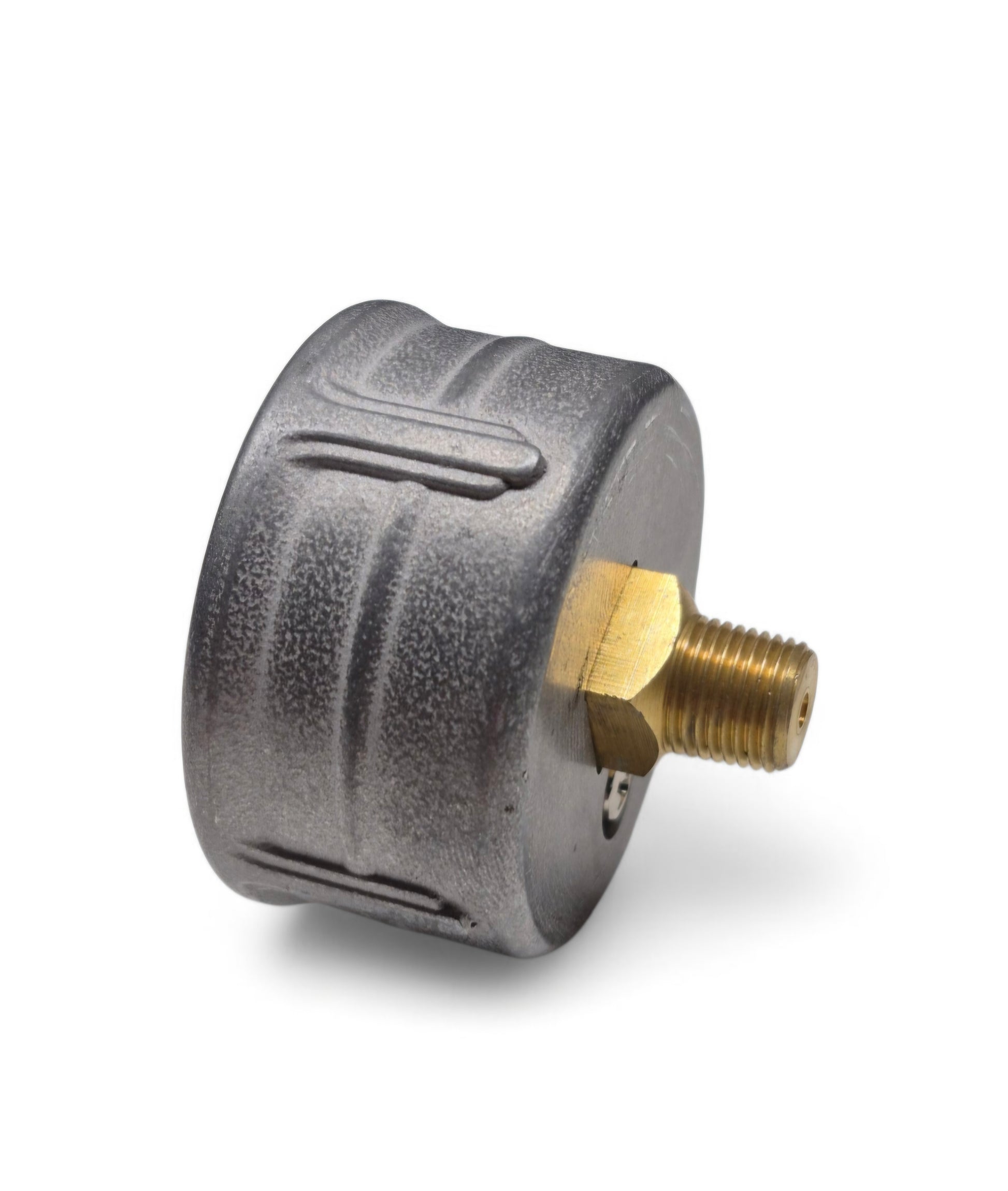 Side view of Nystrom Stromberg fuel pressure gauge showing cast aluminum body with brass 1/8-inch pipe thread fitting and tumbled finish for carburetor fuel systems.
