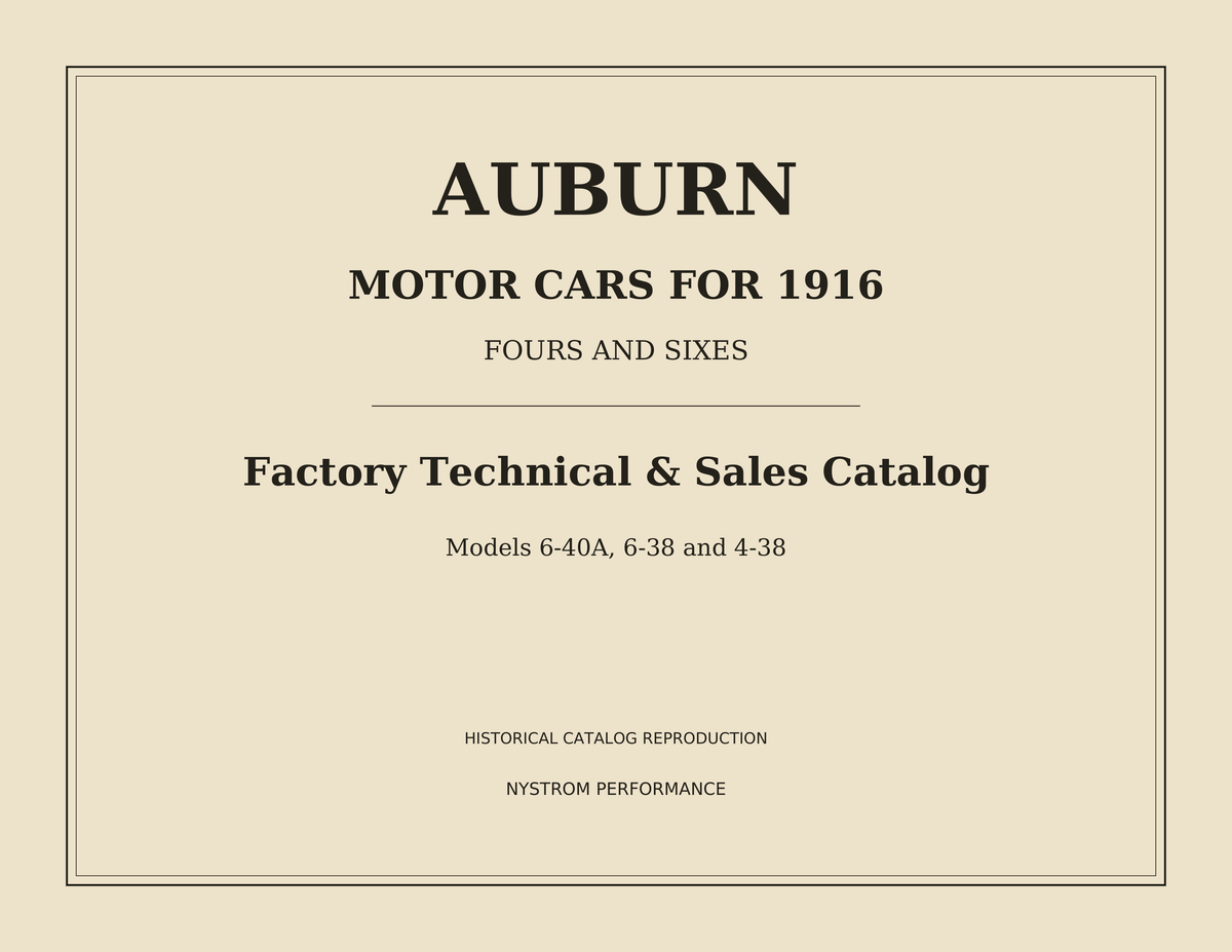 Cream cover of the 1916 Auburn Fours and Sixes factory technical and sales catalog reproduction