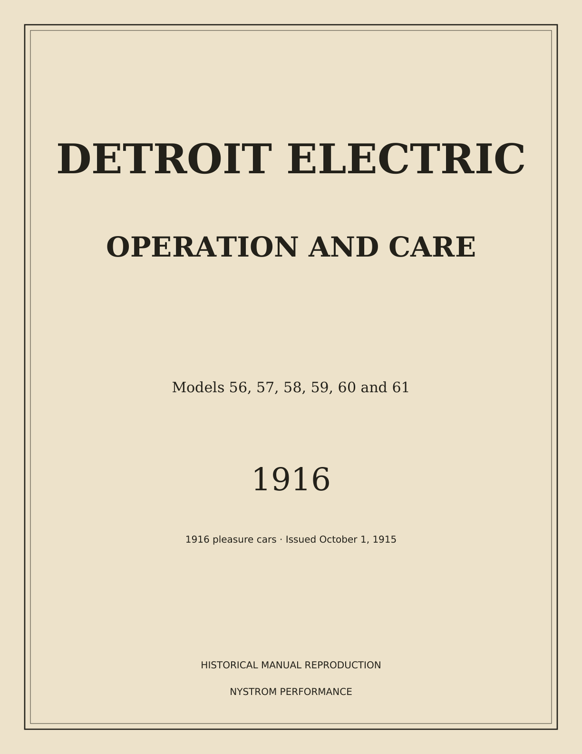Cream cover of the 1916 Detroit Electric pleasure car operation and care reproduction