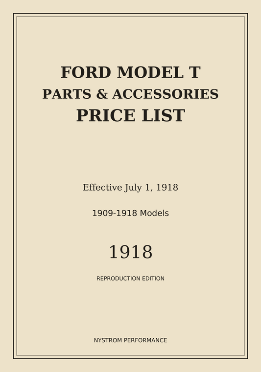Cream serif front cover of the July 1, 1918 Ford Model T Parts and Accessories Price List reproduction