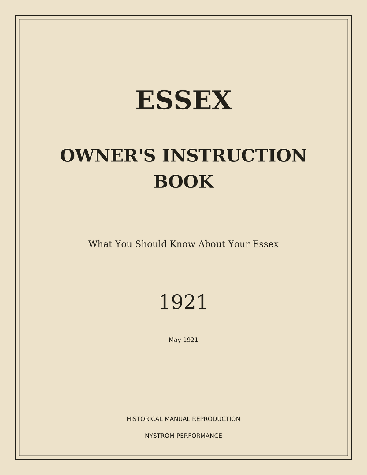 Cream serif cover of the May 1921 Essex owner's instruction book archival reprint