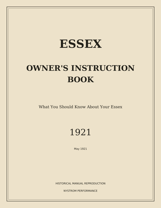 Cream serif cover of the May 1921 Essex owner's instruction book archival reprint