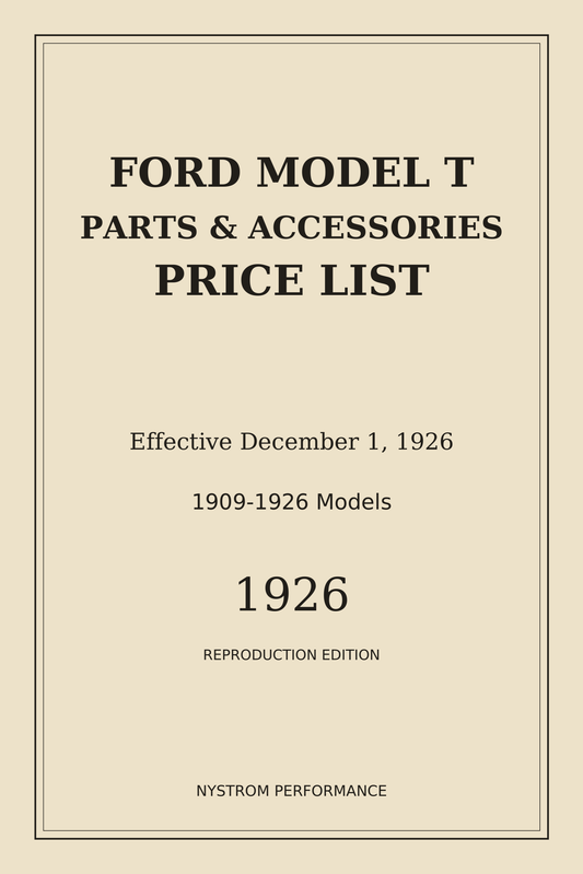 Front cover of the 1926 Ford Model T Parts and Accessories Price List, December edition, paperback reproduction by Nystrom Performance