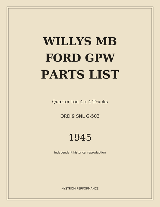 Front cover of the 1945 Willys MB and Ford GPW ORD 9 SNL G-503 parts catalog paperback reprint