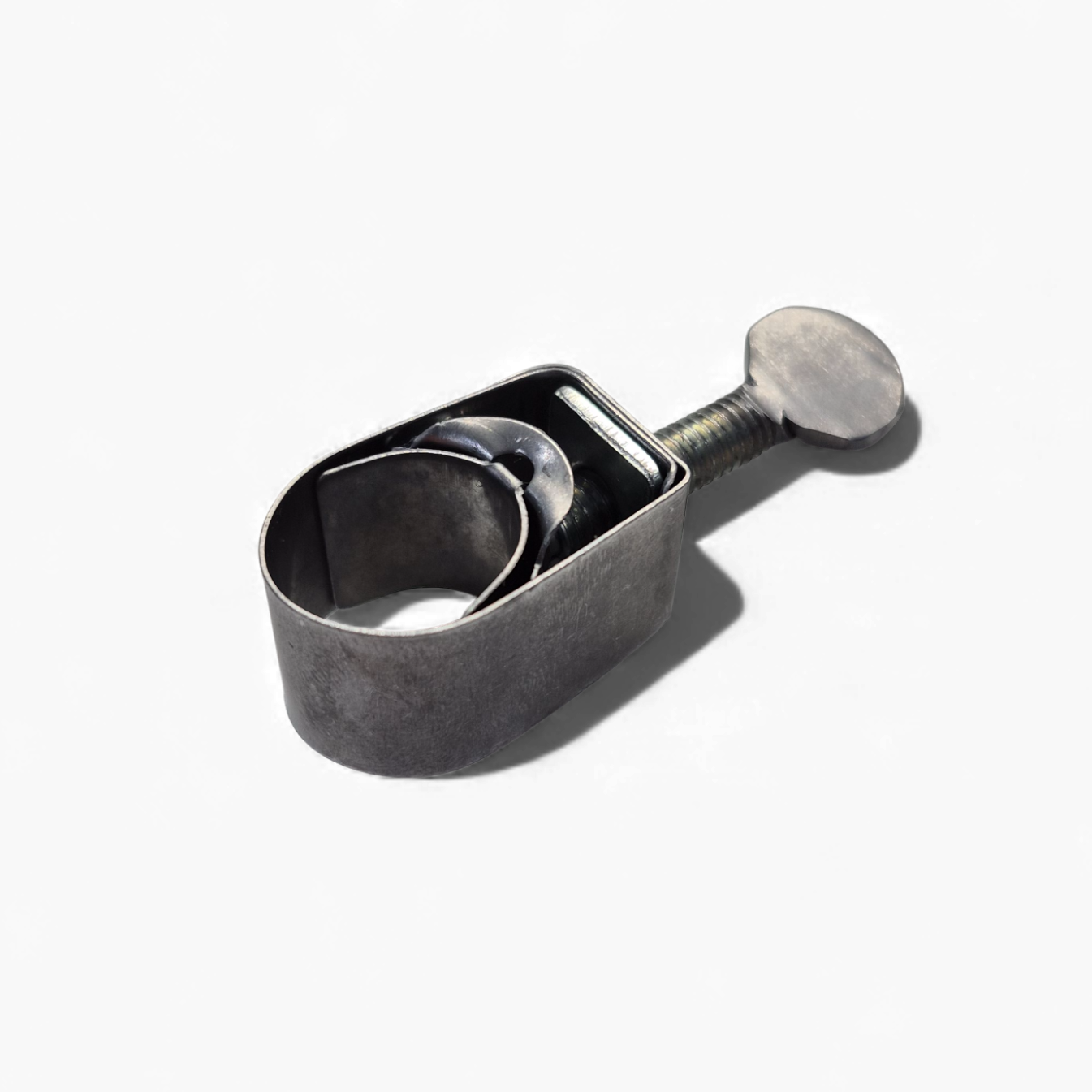 Stainless fuel hose clamp installed on 5/16-inch hot rod fuel line, demonstrating the Wittek-style clamp’s fit and vintage styling for classic car fuel systems.