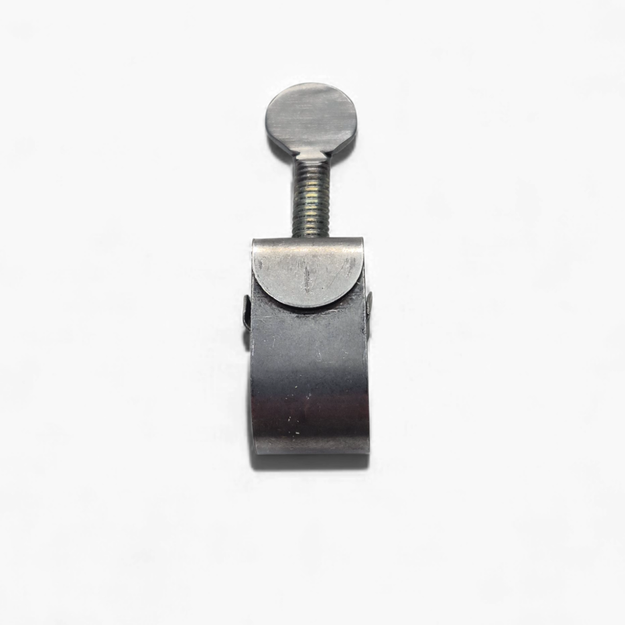 Front view of vintage-style Wittek hose clamp with adjusting screw and band, showing how it securely tightens a 5/16-inch fuel hose on flathead Ford and hot rod fuel systems.