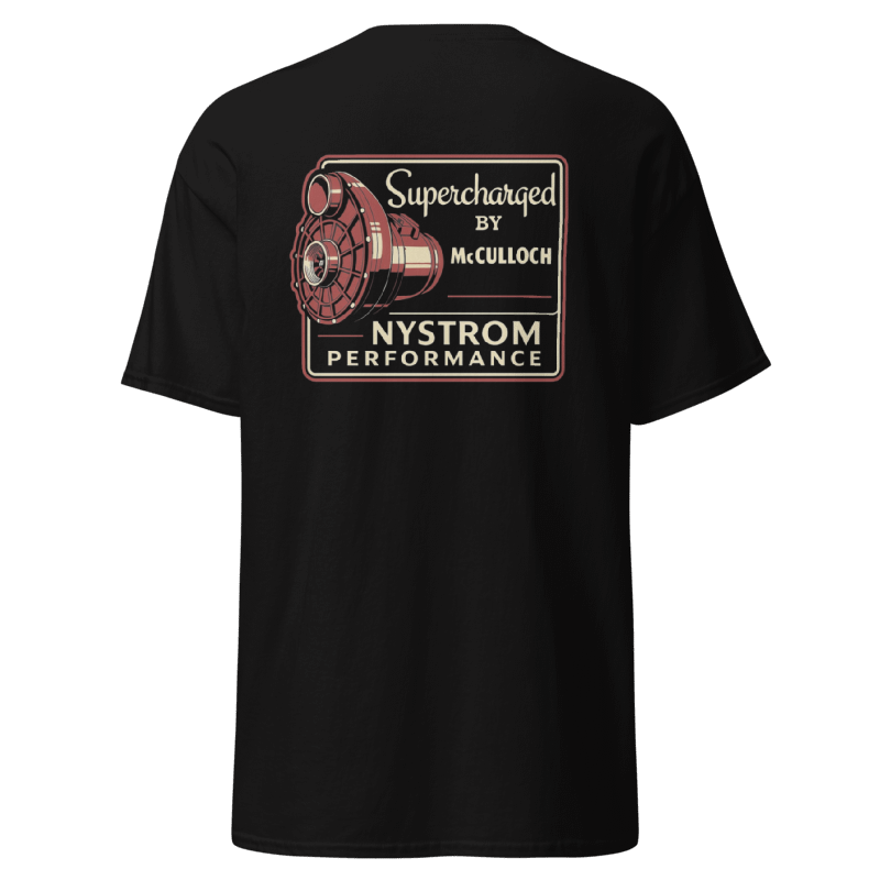 Back view of the Supercharged by McCulloch Nystrom Performance unisex T‑shirt featuring vintage supercharger graphic and red gold text on soft black cotton.