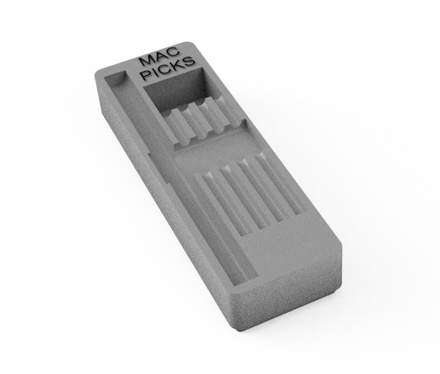 Gray 3D-printed Gridfinity Mac picks holder accessory featuring raised 'Mac Picks' label and slotted compartments for organizing picks in the Gridfinity tool storage system