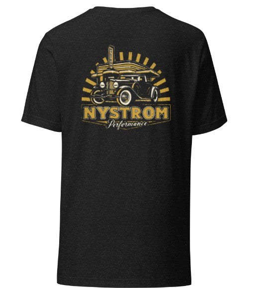 Back view of black Nystrom Performance T-shirt featuring large golden vintage engine graphic and Nystrom Performance logo across the back, comfortable unisex cotton tee