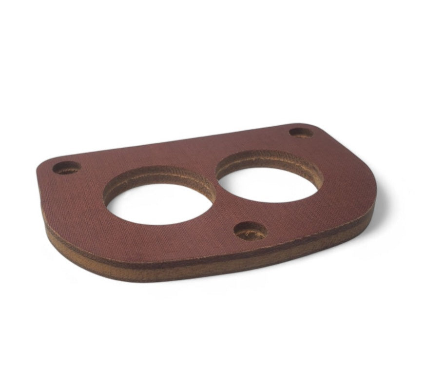 Two barrel phenolic carburetor spacer for Stromberg, Holley and Ford 3-bolt carbs, 1/4-inch thick brown composite reduces heat transfer between carburetor and intake manifold