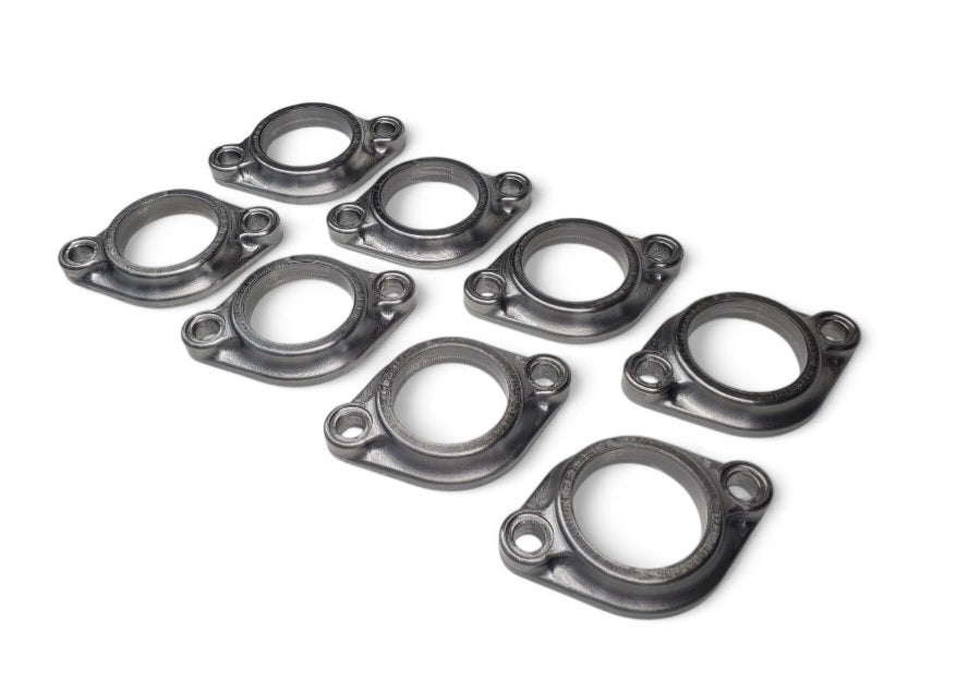 Angled view of Ardun OHV exhaust header flanges set of eight, 1018 steel with 1.75-inch bore