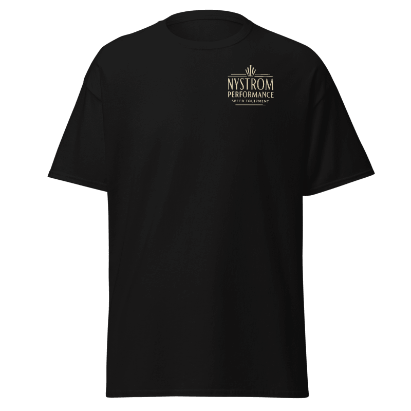 Front view of the Supercharged by McCulloch Nystrom Performance unisex black t‑shirt featuring small Nystrom Performance logo on the chest, soft pre‑shrunk cotton tee.