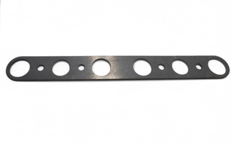 Black metal Model A header flange front view with circular cutouts along its length