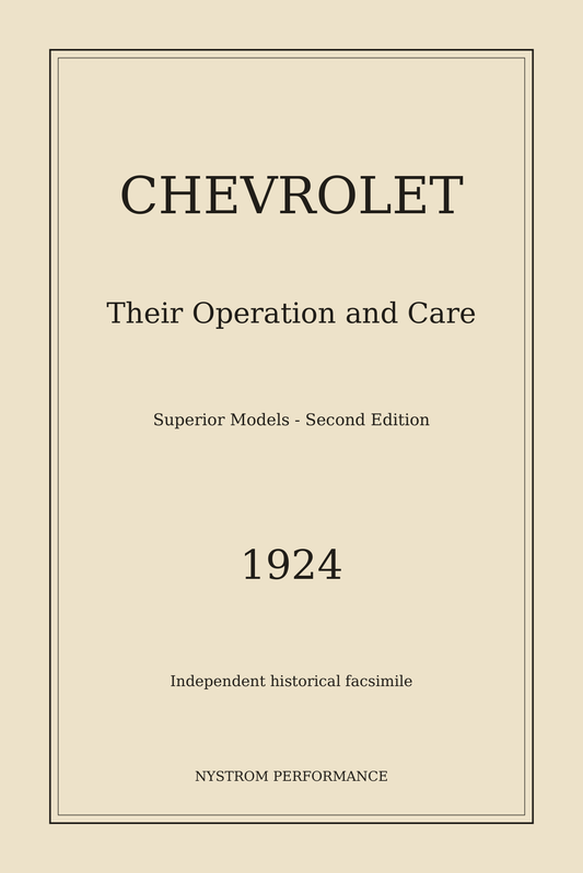 Cream Nystrom Performance cover for the 1924 Chevrolet Superior Models operation and care book, GM Export Second Edition