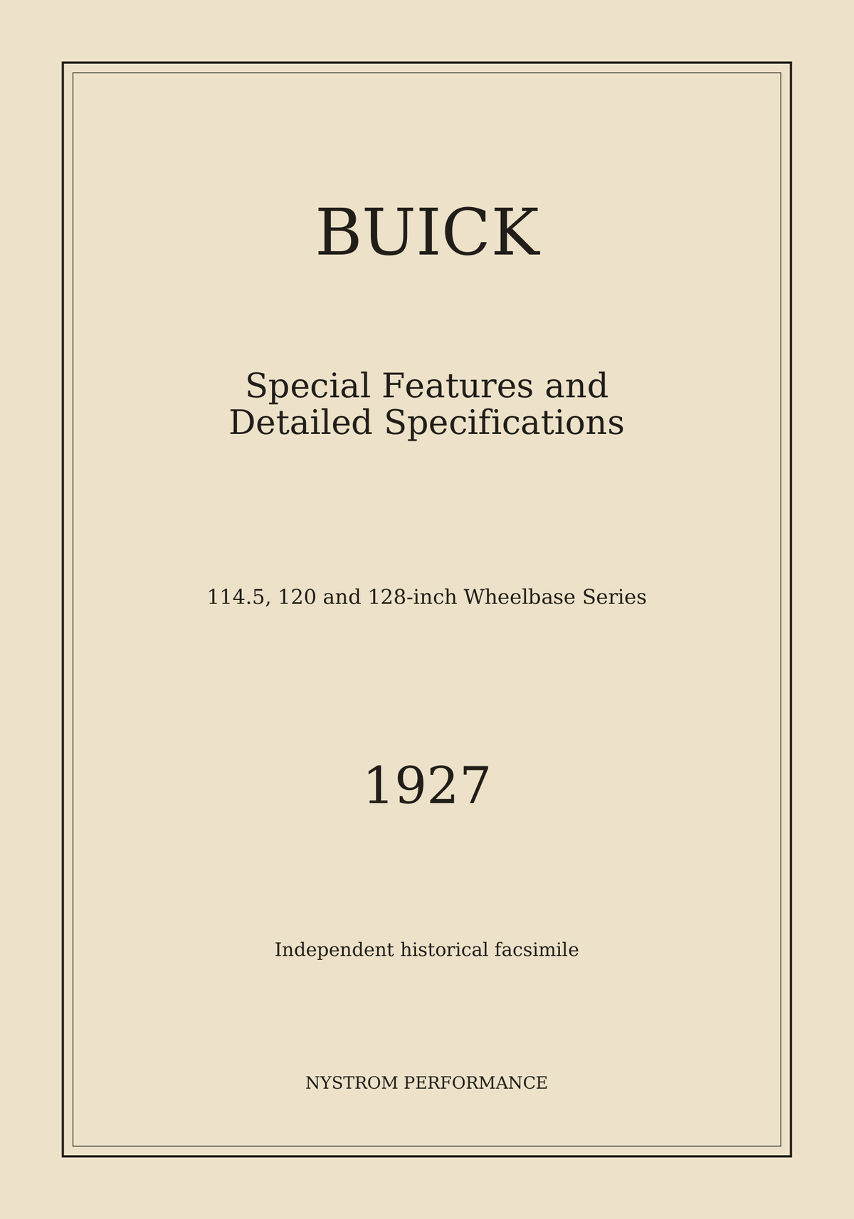 1927 Buick Special Features and Detailed Specifications Reprint cream historical reprint cover
