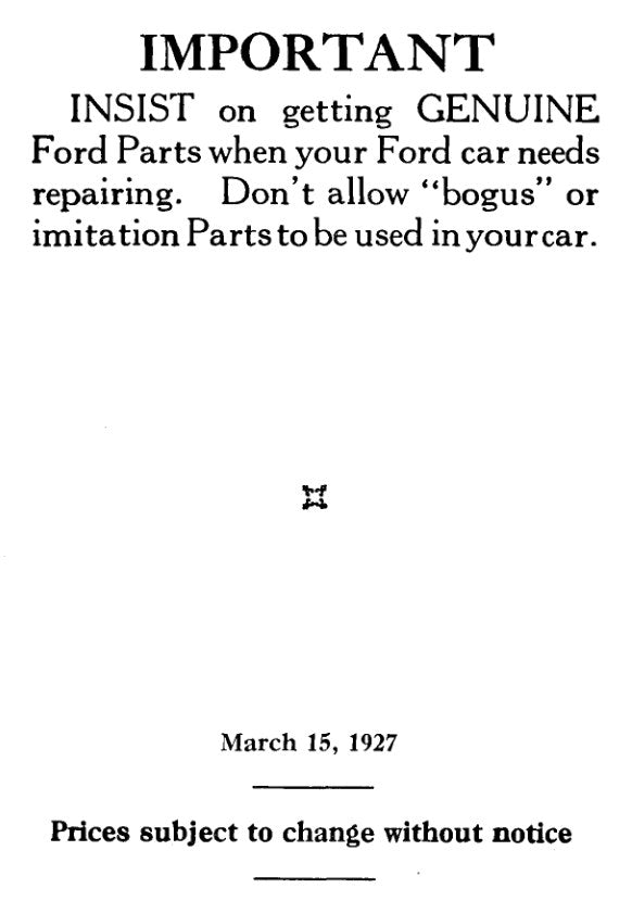 1927 Ford Body Parts List