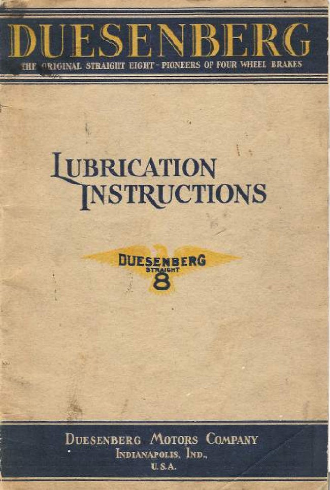 1926 Duesenberg Model A Lubrication Manual