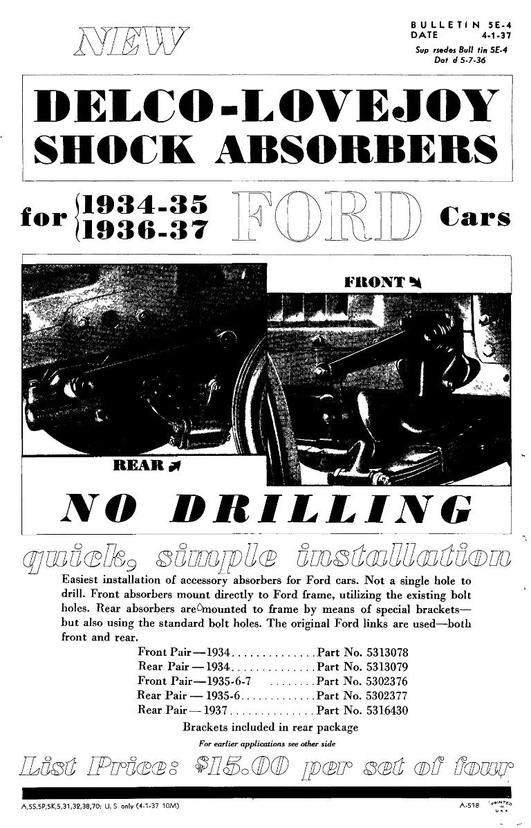 Delco-Lovejoy Shock Absorbers for 1927-1937 Ford - Bulletin 5-E-4