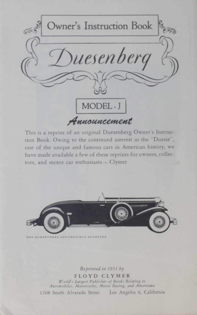 1929 Duesenberg Model J Owner's Manual (1951 Reprint)