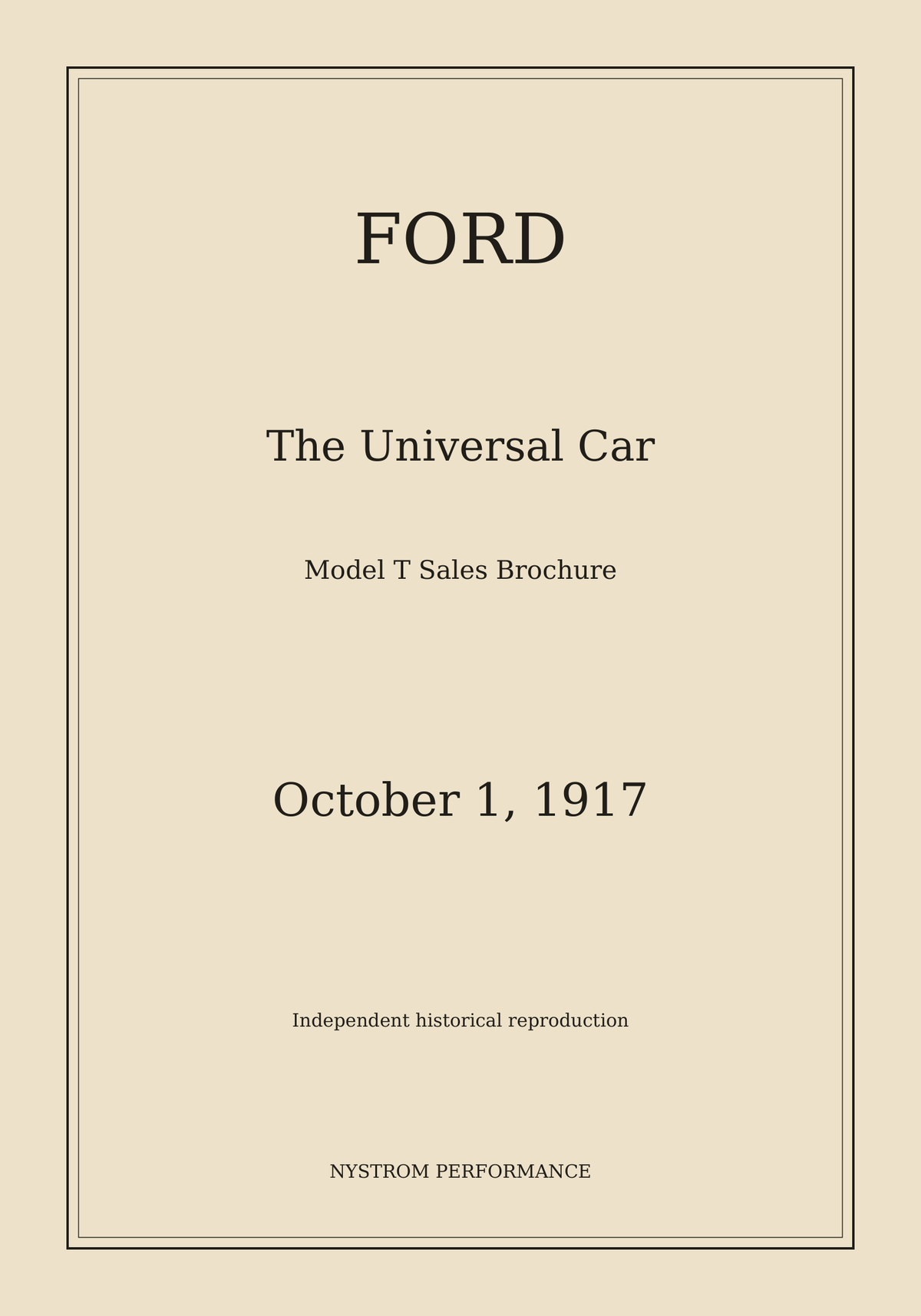 Cream Nystrom Performance cover for the October 1, 1917 Ford The Universal Car color brochure reproduction