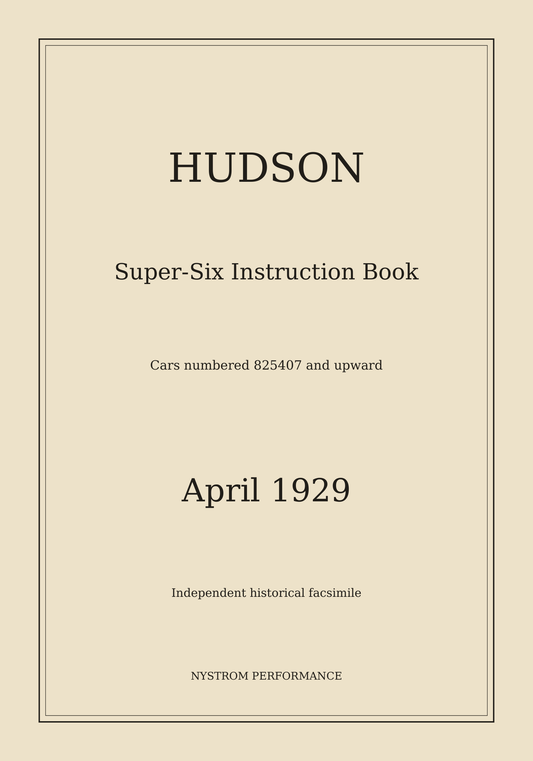 Cream cover of the April 1929 Hudson Super-Six Instruction Book historical reprint