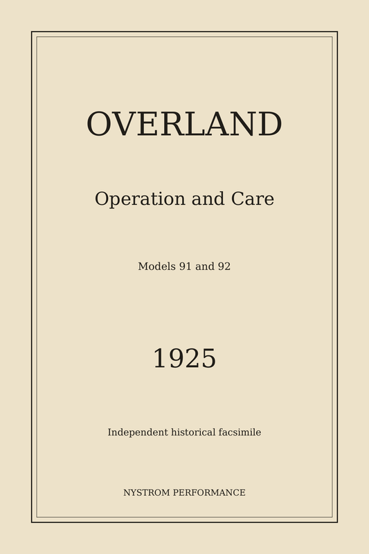 Cream cover of the 1925 Overland Models 91 and 92 Operation and Care printed historical reprint