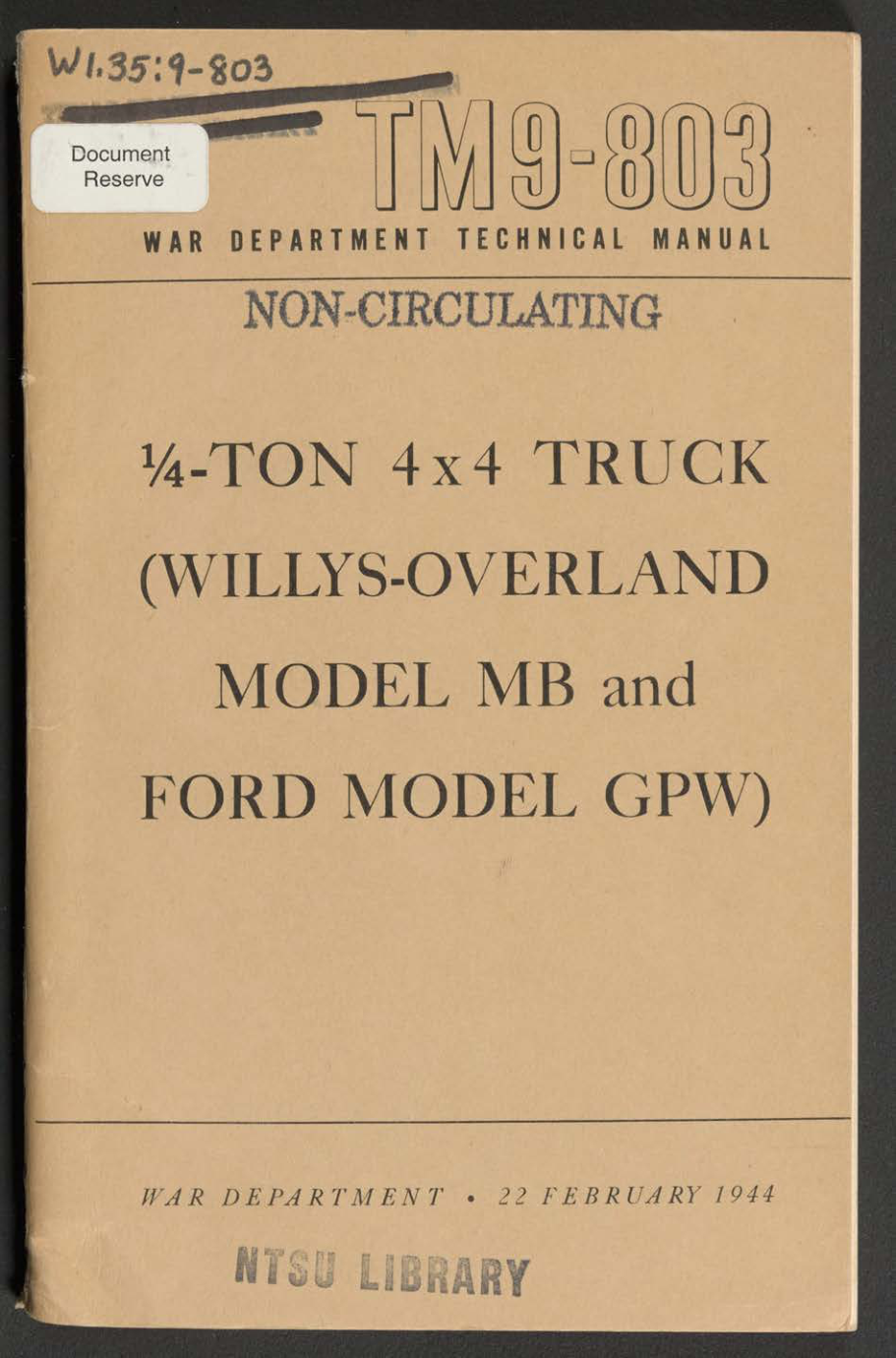 Willys MB and Ford GPW TM 9-803 — 1944 Manual, 1947 Printing
