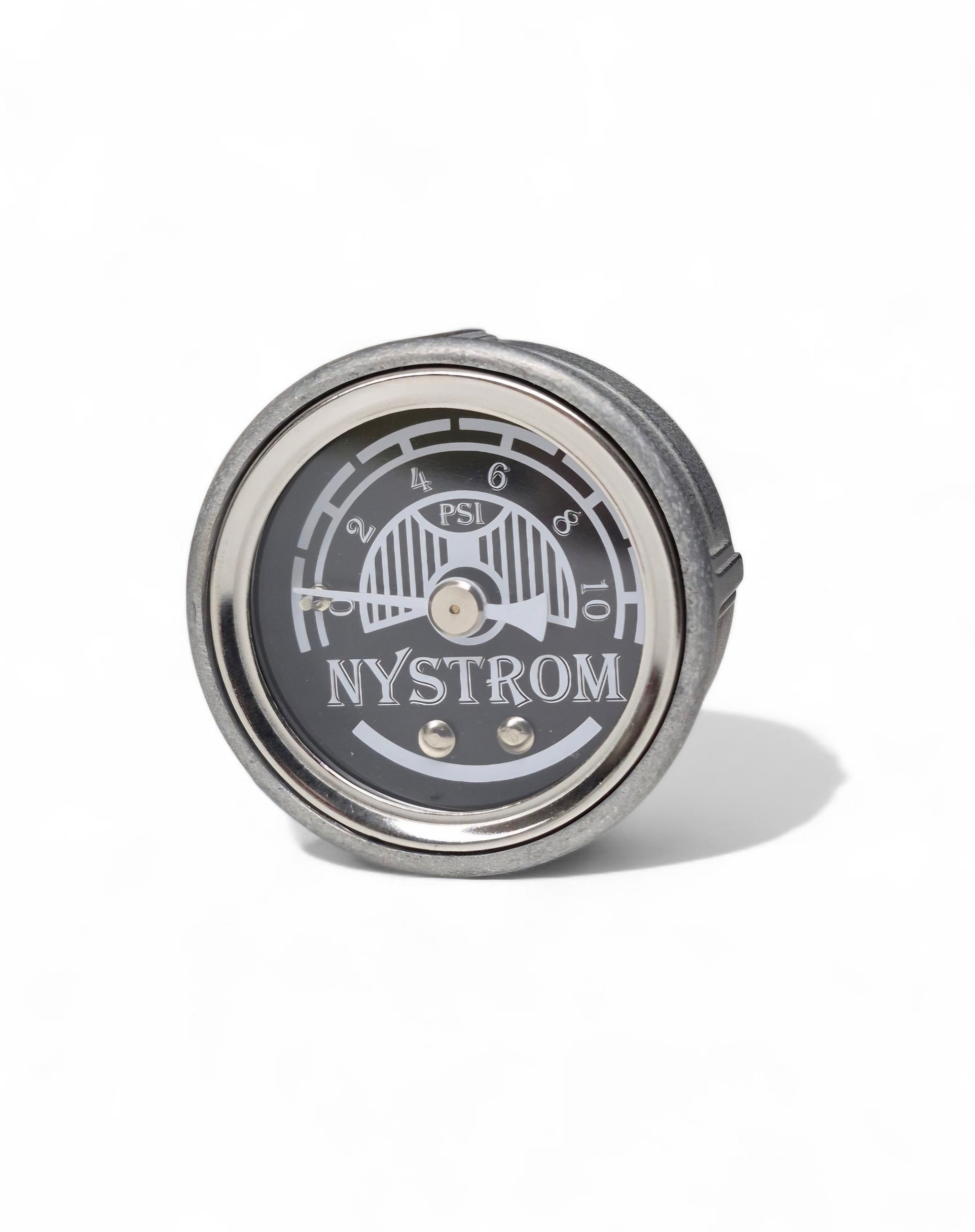 Nystrom Stromberg fuel pressure gauge with black dial face; PSI scale for low-pressure carburetor systems. 1¾-inch cast aluminum gauge with Nystrom logo.