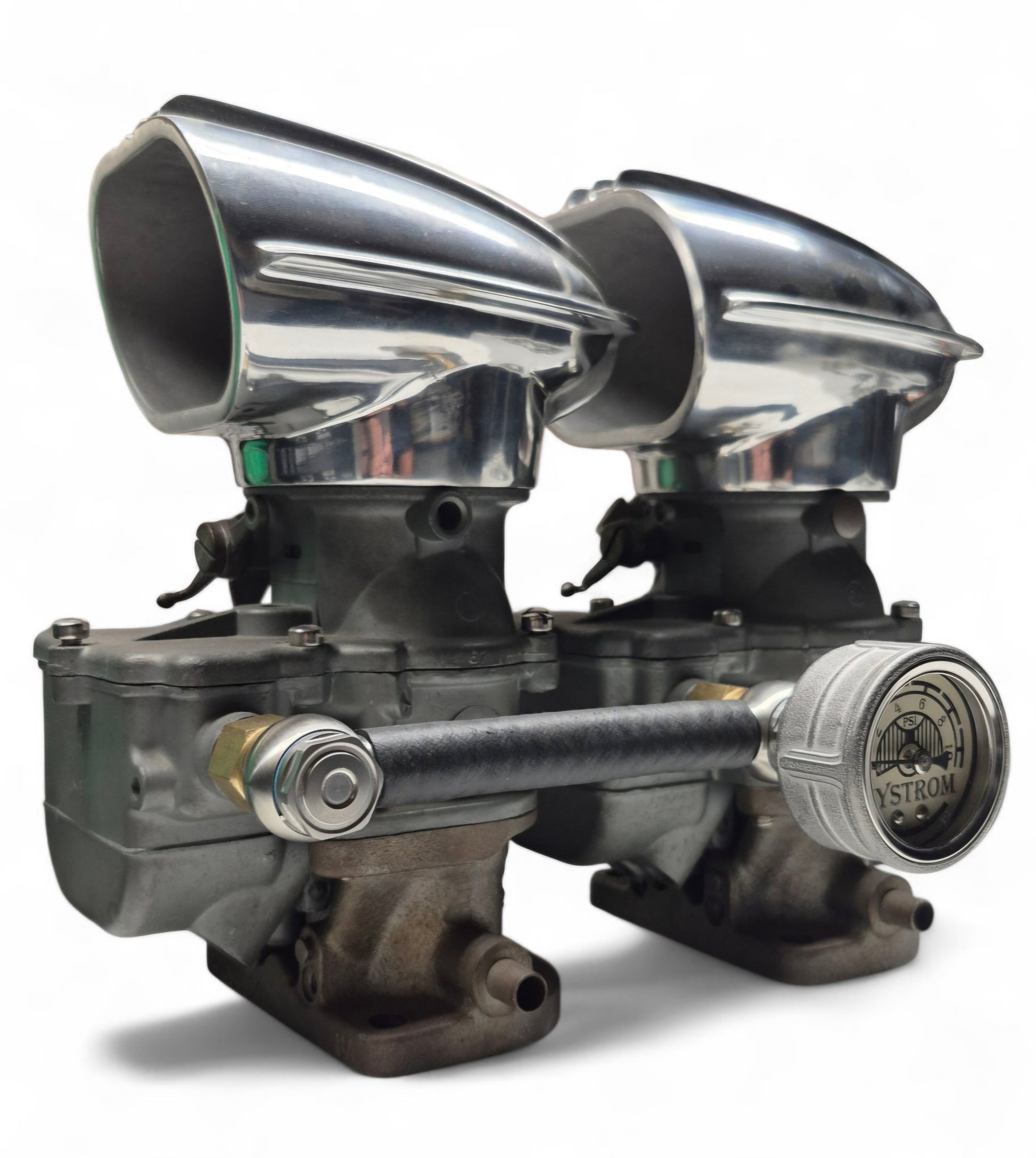 Nystrom Stromberg fuel pressure gauge mounted on dual carburetor assembly with polished scoop air intake, showcasing gauge installation for Stromberg/Holley carb setups.