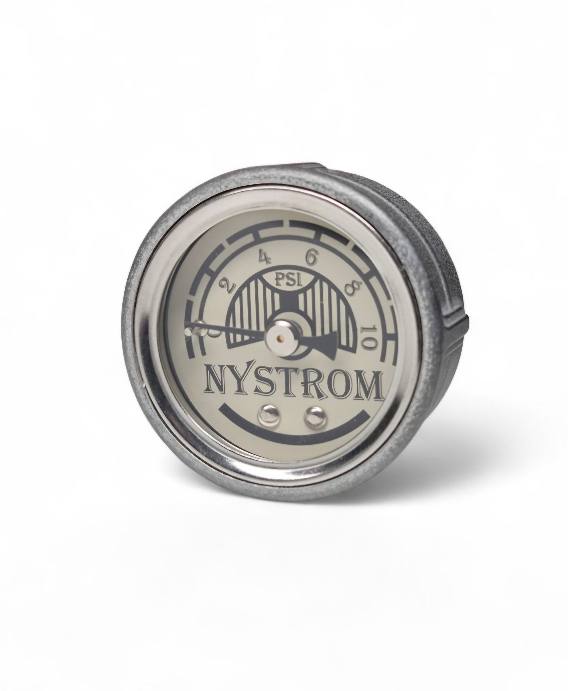 Nystrom Stromberg fuel pressure gauge with tan face; PSI dial for low-pressure carburetor systems. 1¾-inch cast aluminum case; compatible with Stromberg 97/81 and Holley 94.