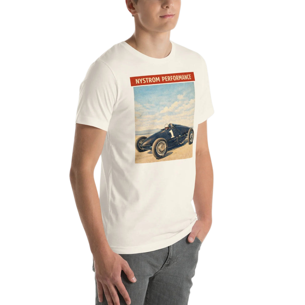 Vintage belly tank lakester shirt inspired by Bonneville Salt Flats racing and traditional 1950s hot rodding