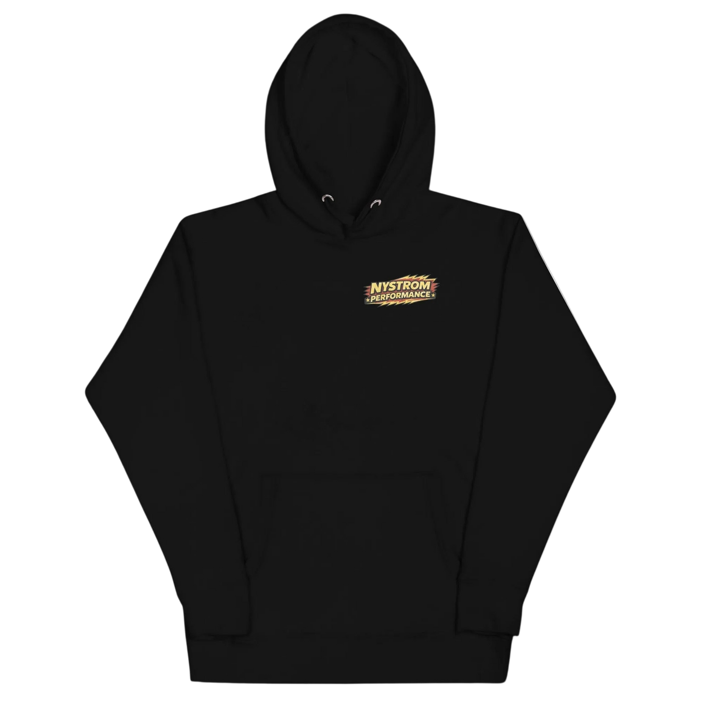 Front view of black Blown Early Hemi hoodie with small Nystrom Performance logo on chest; part of early Hemi hoodie collection celebrating early Hemi engines, supercharged Stromberg 97 carburetors, and vintage hot rods