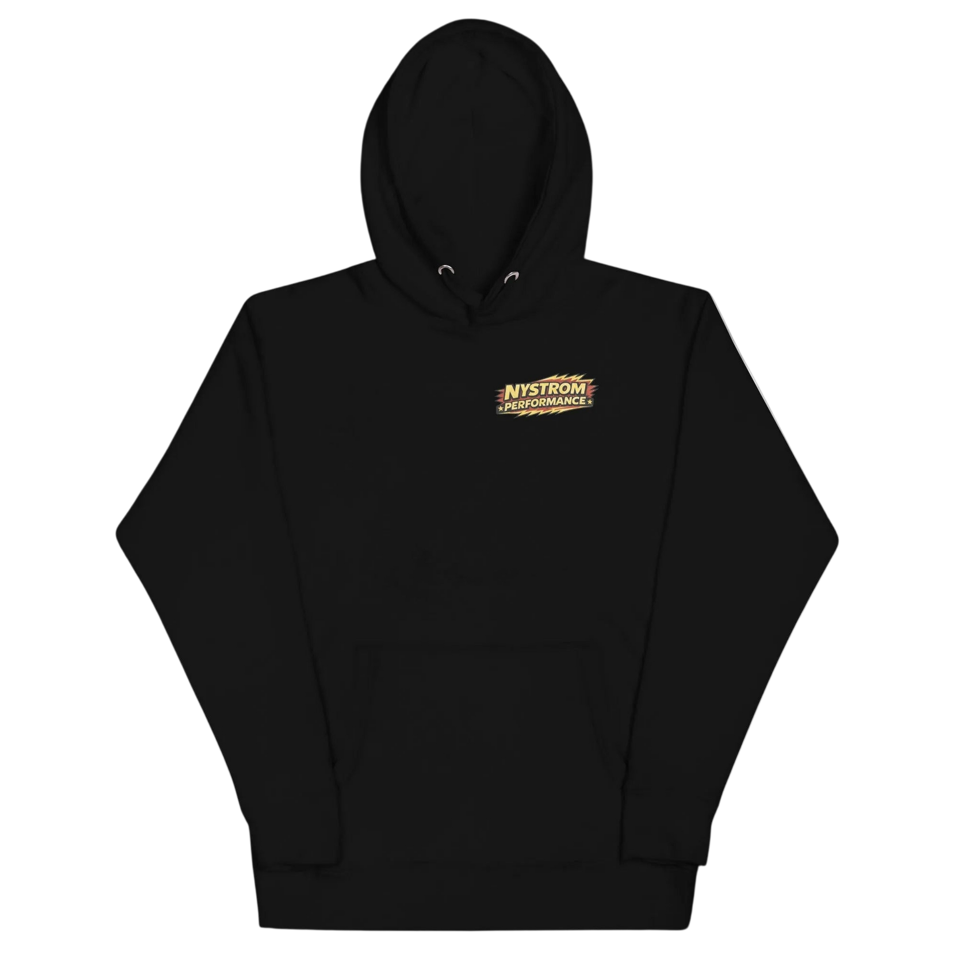 Front view of black Blown Early Hemi hoodie with small Nystrom Performance logo on chest; part of early Hemi hoodie collection celebrating early Hemi engines, supercharged Stromberg 97 carburetors, and vintage hot rods