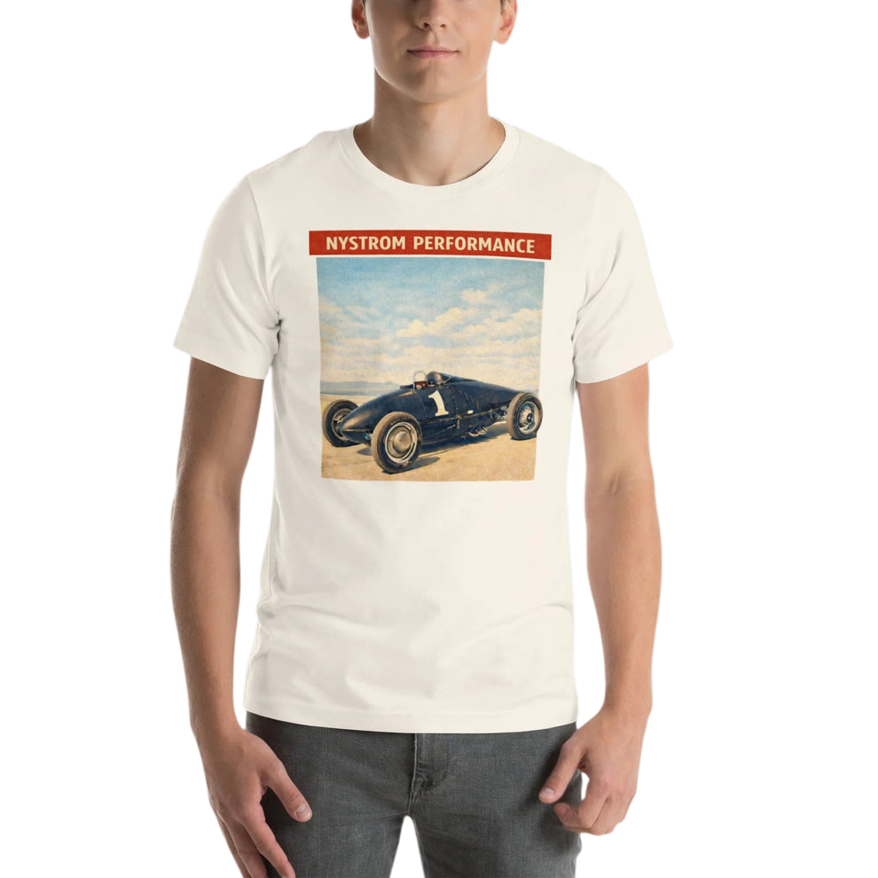 Nystrom Performance belly tank racer t-shirt featuring a 1950s dry lakes land speed car on a Bonneville-style salt flat